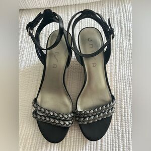 Unisa Women's Black & Sparkly Silver Braided Cork Wedge Strappy Sandals Size 8